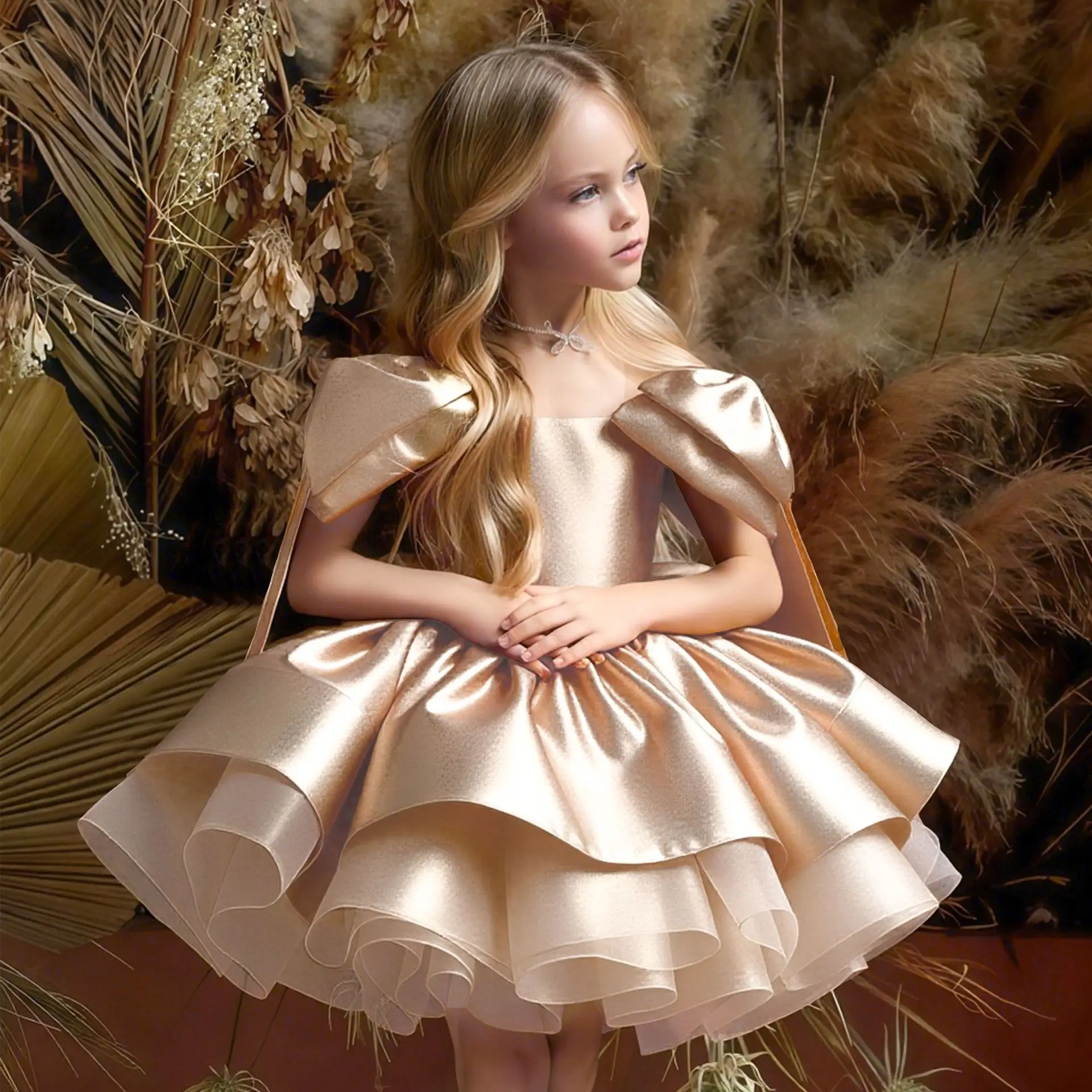 Robe de princesse multiniveaux pour filles nœud surdimensionné anniversaire banquet piano concours 48 ans élég