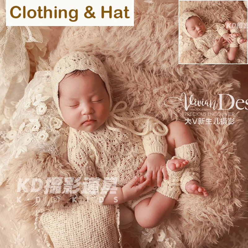 Tenue de photographie Vintage pour nouveauné barboteuse en dentelle tricotée Beige bonnet chaussettes ensemble