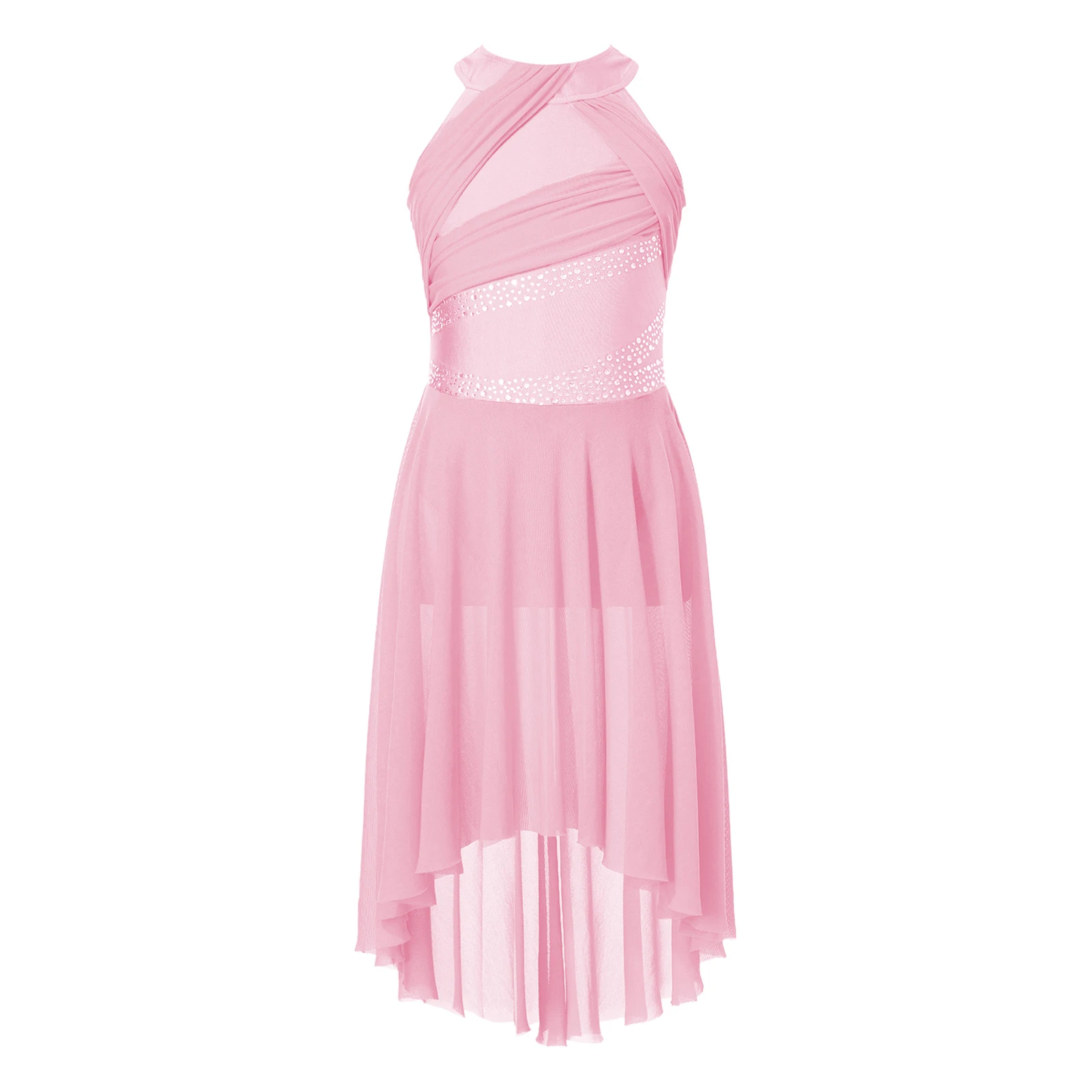 Robe de bal pour fille en polyester et spandex design moderne épuré strass brillants rose pastel robe de danse