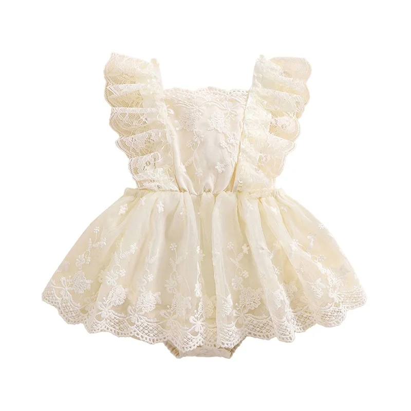 Robe barboteuse fille floral dentelle tulle sans manches été 01 ans occasion spéciale naissance baptême