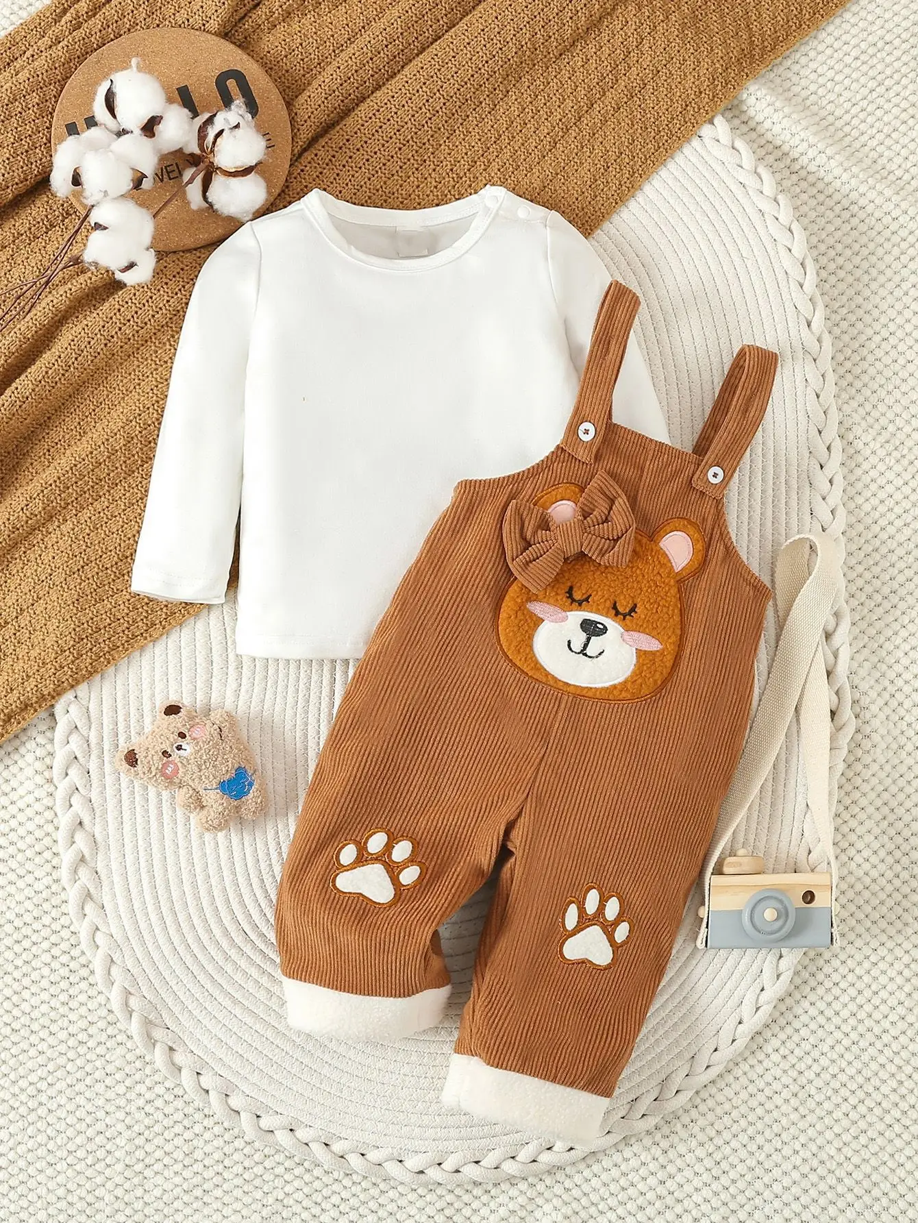 Ensemble salopette ours cartoon tshirt à manches longues bébé 024 mois vêtements garçon fille automne hiver do