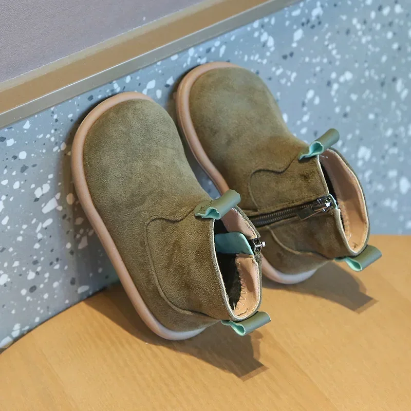 Bottines d'hiver en suède pour enfant antidérapantes style Oxford couleur olive anses en tissu facile à enfile