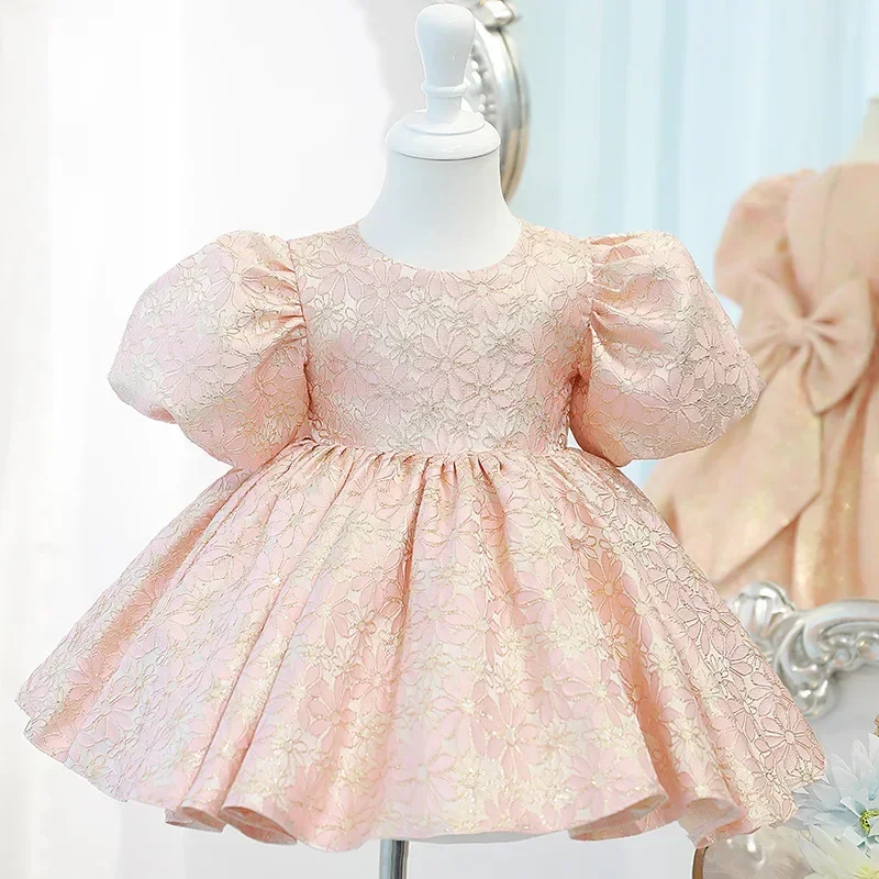 Robe de cérémonie pour enfant princesse Lolita style espagnol fleuri rose pâle manches bouffantes sans boutons