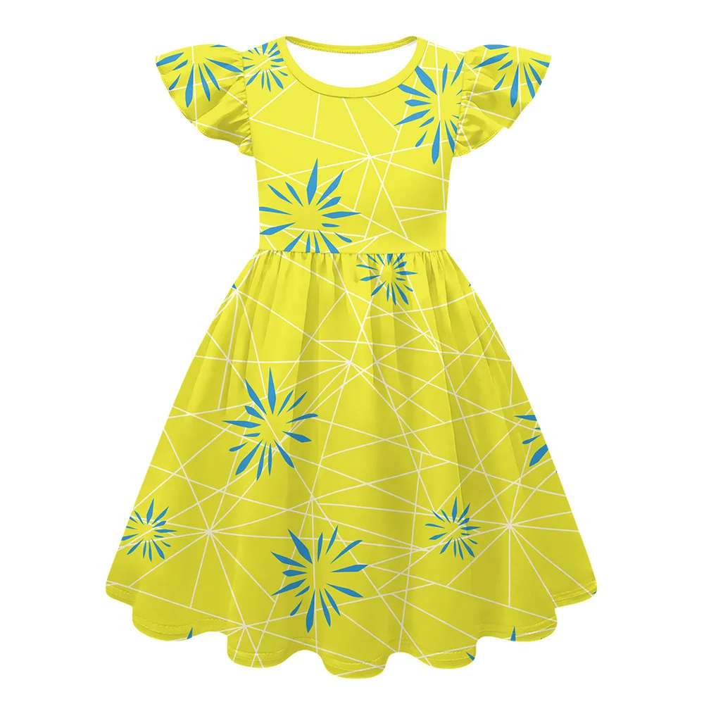 Robe princesse pour filles jaune vif avec motifs bleus style évasé