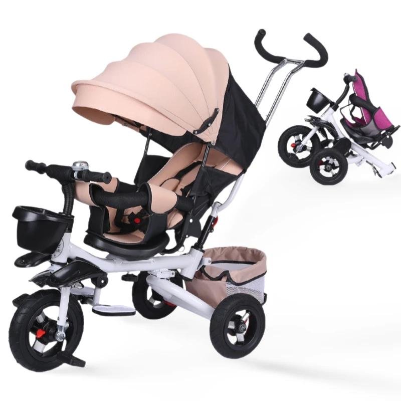Poussette tricycle pliable pour enfants siège réglable grand auvent frein à double action design moderne et sé