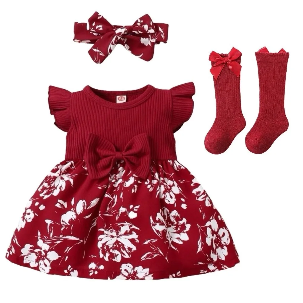 Robe en coton à manches courtes pour bébé fille floral nœud bandeau