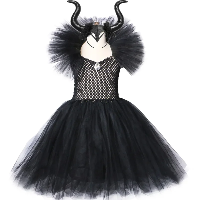 Robe Tutu Noire Reine Maléfique pour Fille Déguisement Halloween Tutu
