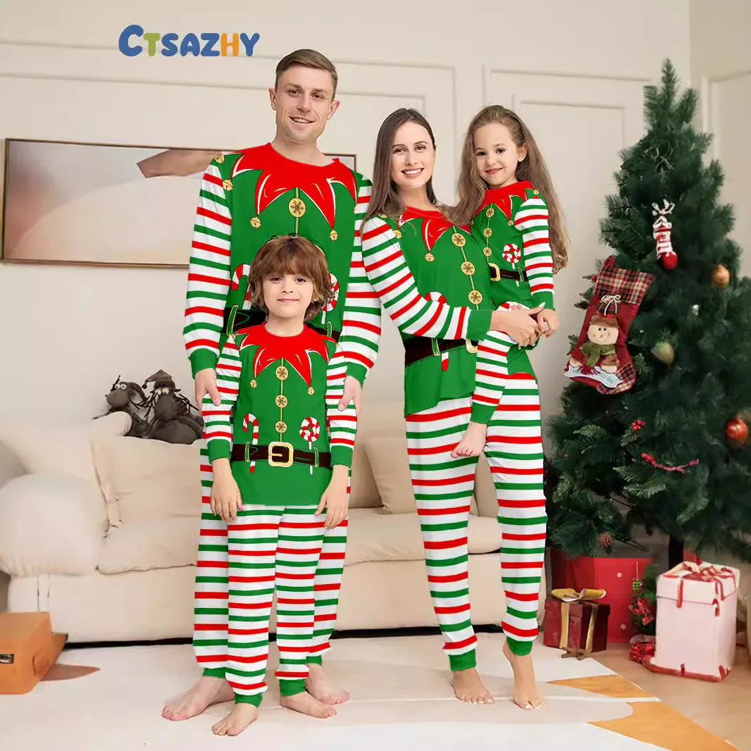 Ensemble pyjama familial assorti Noel rayures vertes rouges vêtements