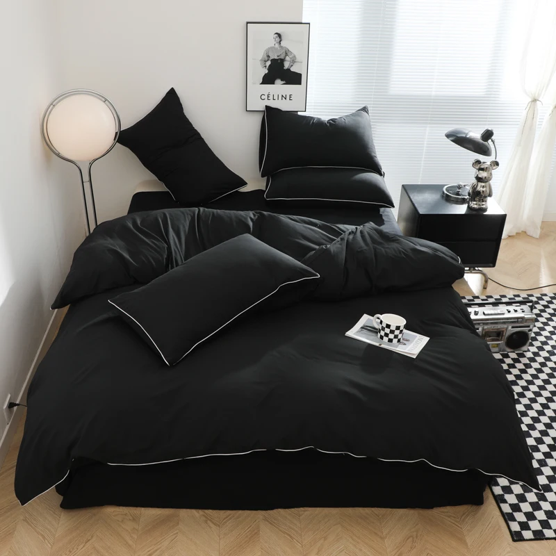 Parure de lit complète noire pour adultes style simple ensembles de draps doubles simple reine roi ensemble de
