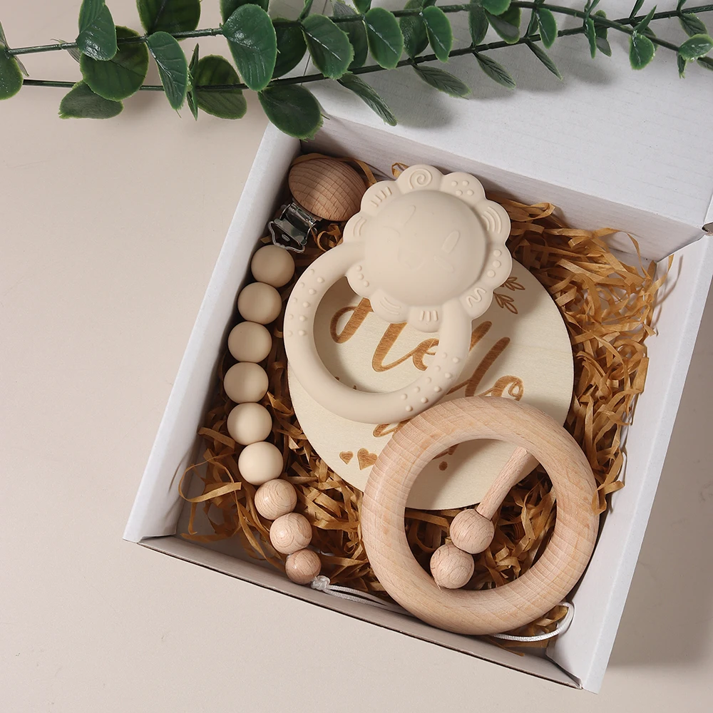 Coffret cadeau bébé silicone dentition éléphant lion jouet apaisant hochet accessoires bébé cadeau naissance 0