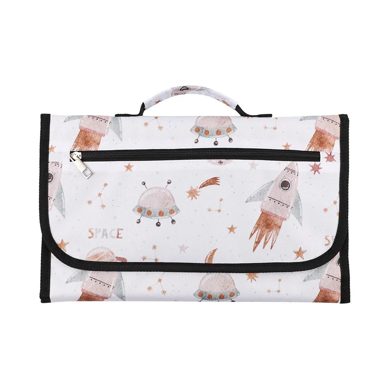 Trousse rangement enfants thème spatial motifs fusées étoiles fermeture éclair poignée design coloré idéal ran