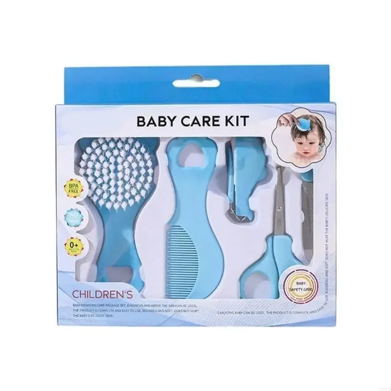 Kit de toilettage bébé 5 pièces peigne doux brosse à dent ciseaux éponge cotonปลอดภัย pour nourrisson bleu