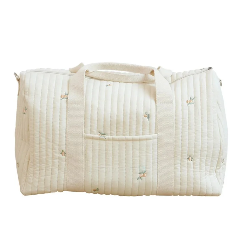 Sac de voyage brodé en coton cylindrique grande capacité poignées robustes poche extérieure idéal weekend baga