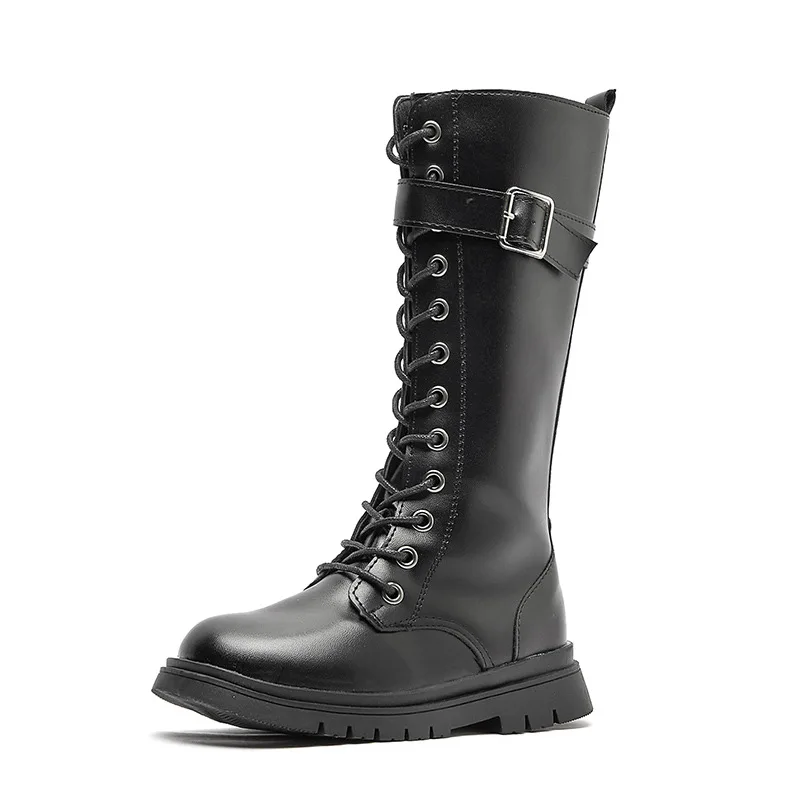 Bottes longues hiver fille mode militaire style robuste antiglissante avec lacets et boucle métallique cuir sy