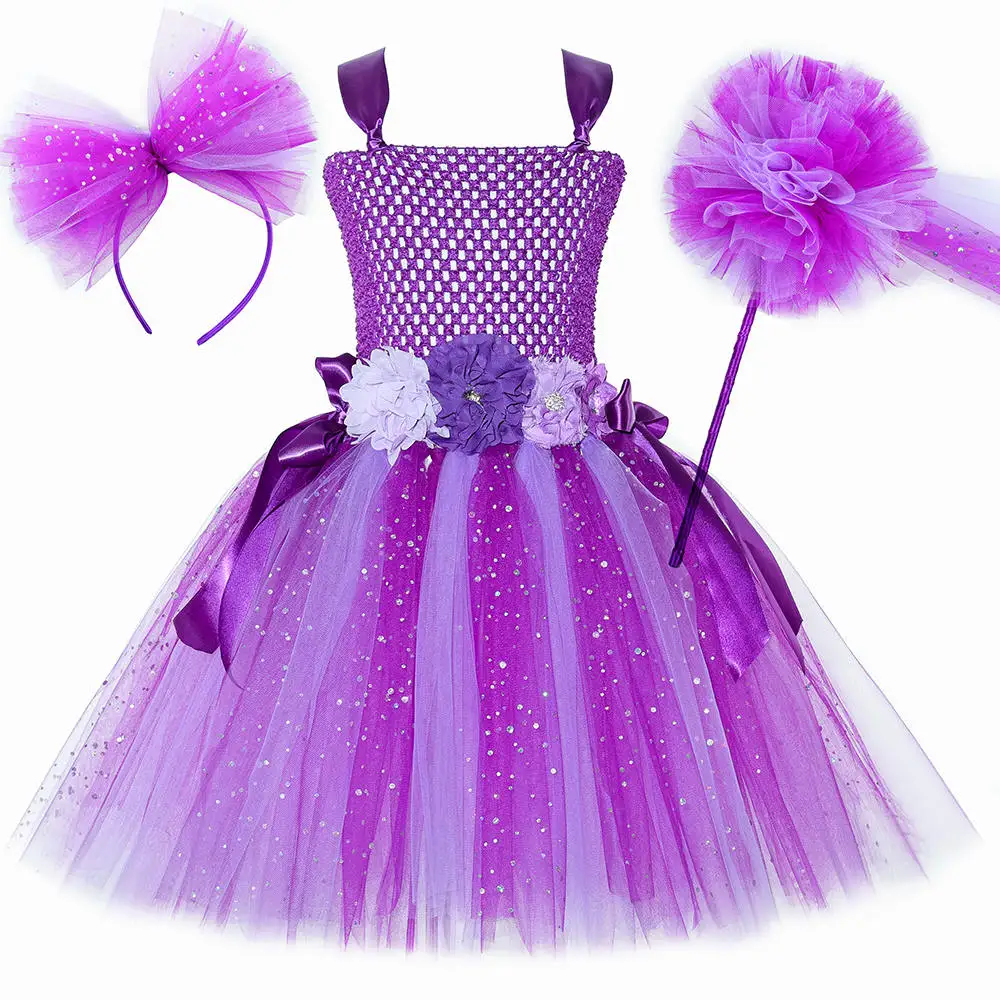 Costume de fée à fleurs violettes à paillettes pour filles robe de