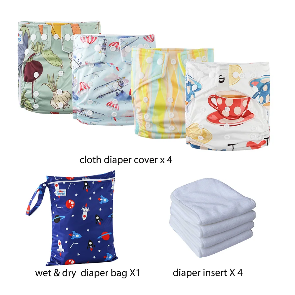 Kit Départ Couches Lavables Écologiques Bébé 4 Couches 4 Inserts Sac Rangement Matériaux Durables Design Moder