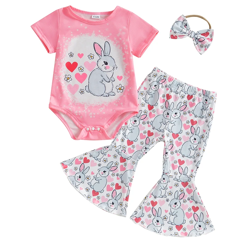 Tenue de Pâques pour bébé fille avec nœud motif lapin barboteuses