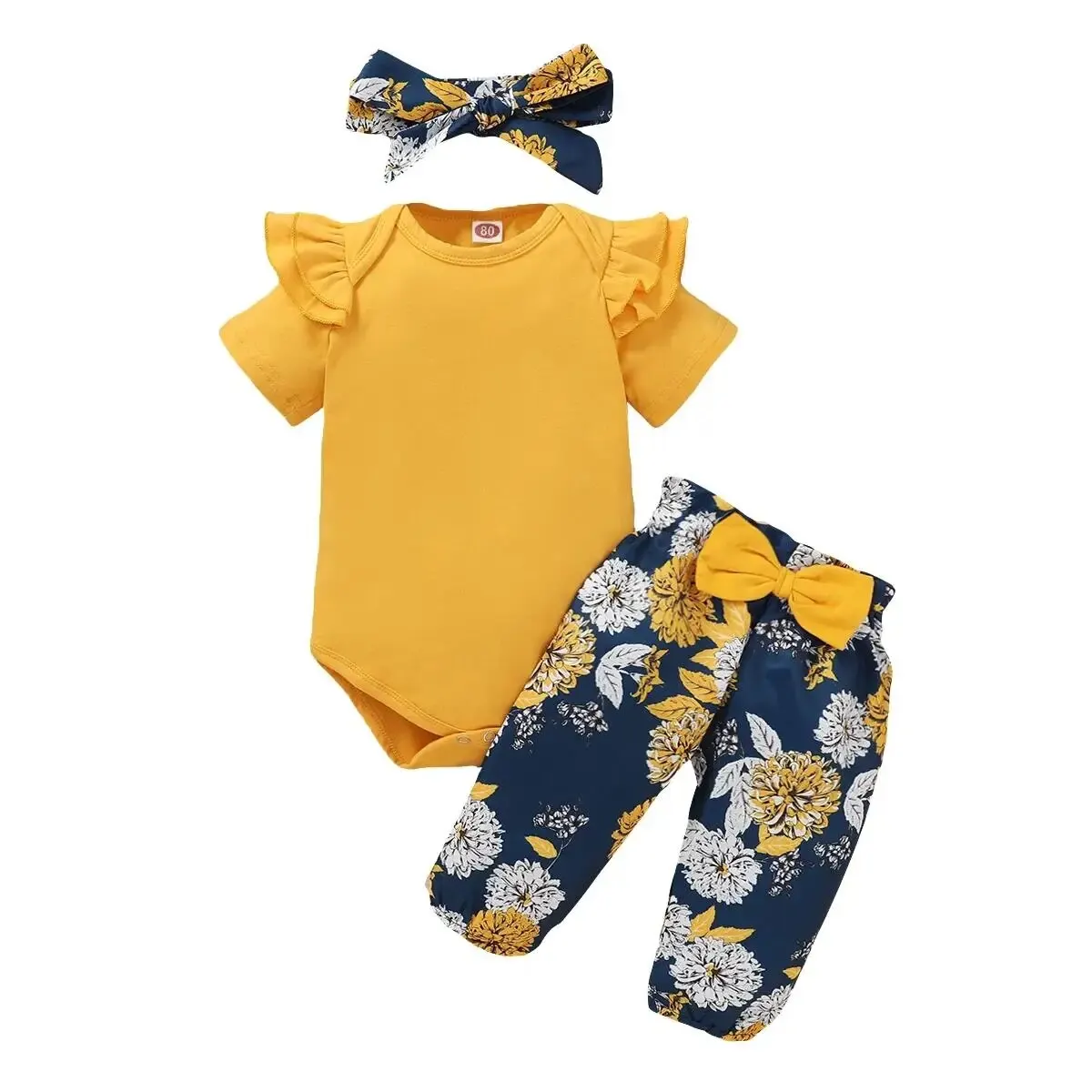 Tenue 3 pièces bébé fille body manches courtes pantalon fleurs bandeau assorti ensemble coordonné bébé 02 ans