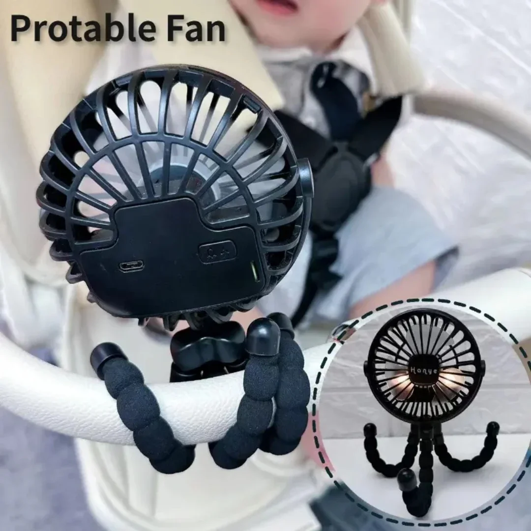 Ventilateur portable pour poussette bébé trépied flexible mini ventilateur USB rechargeable 3 vitesses lumière