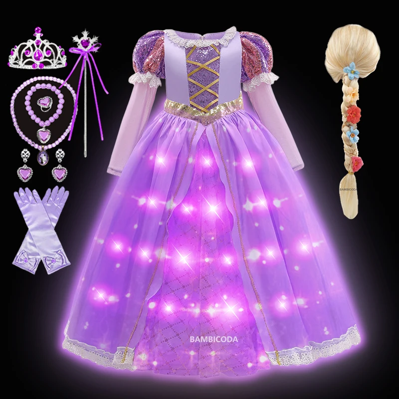 Costume princesse Raiponce pour filles robe de soirée LED lumineuse accessoires incluits déguisement anniversa