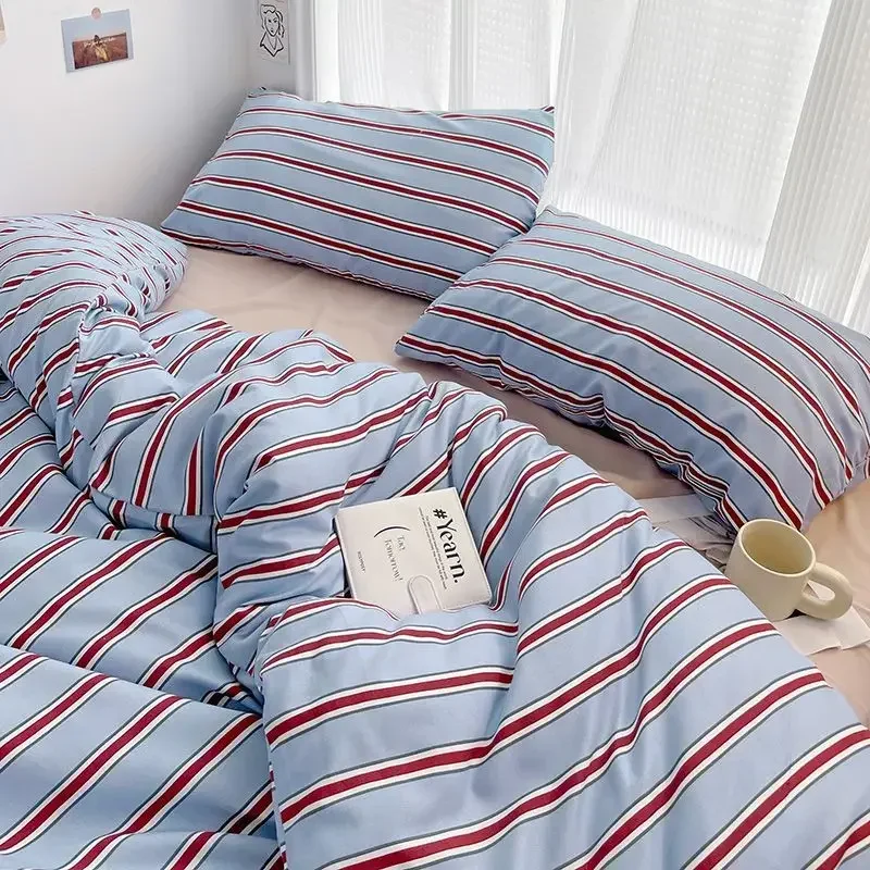 Parure de lit coton lavé style simple bleu et rouge bande athlon drap housse couette taies oreiller ensemble l