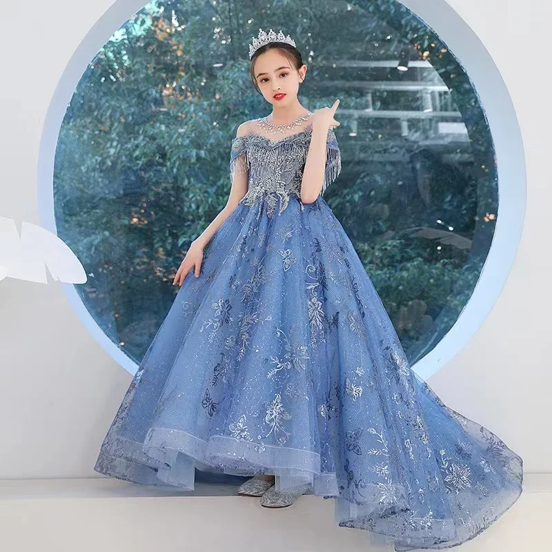 Robe princesse fille élégante bleu dentelle fleur longue robe enfant noël bal mariage soirée style européen am