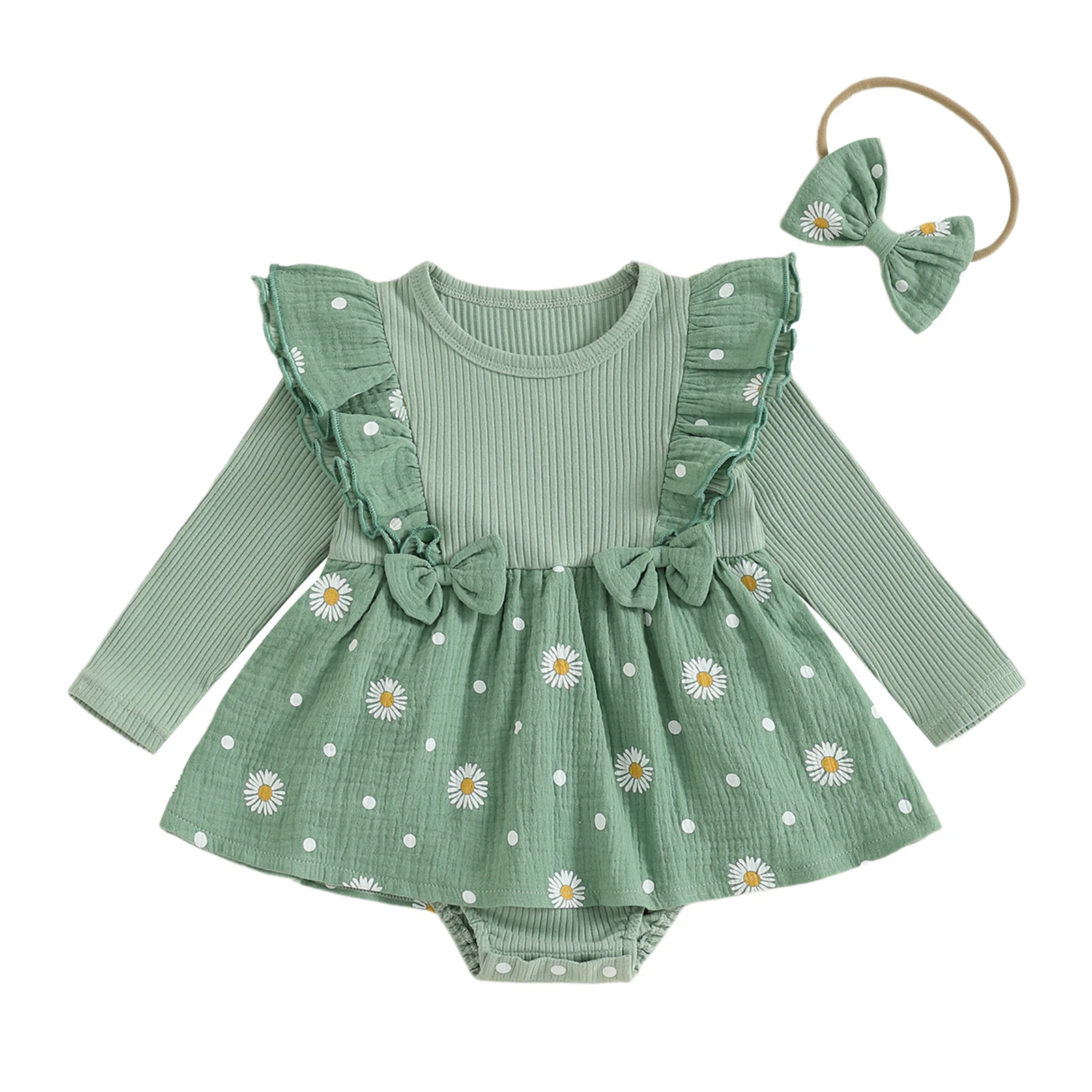 Robe d'automne bébé fille imprimé marguerite manches longues volants body intégré bandeau assorti coton doux s