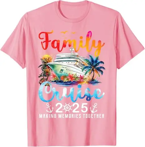 Tshirt graphique famille croisière 2025 vêtements vacances tenue soleil design tropical bateau palmiers rose m