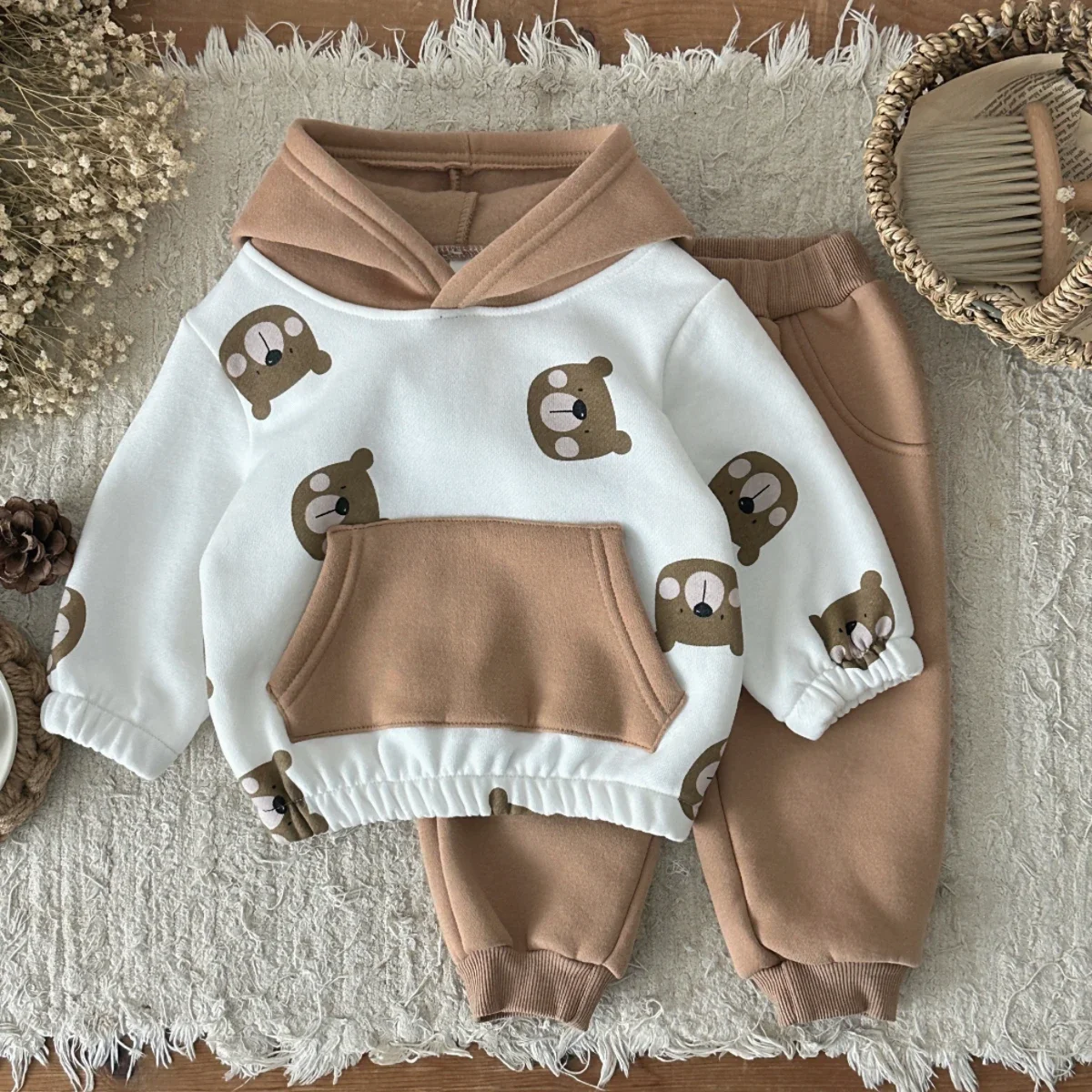 Ensemble vêtements bébé fille et garçon 03 ans hoodie ours mignon pantalon marron tenue hiver douce et confort