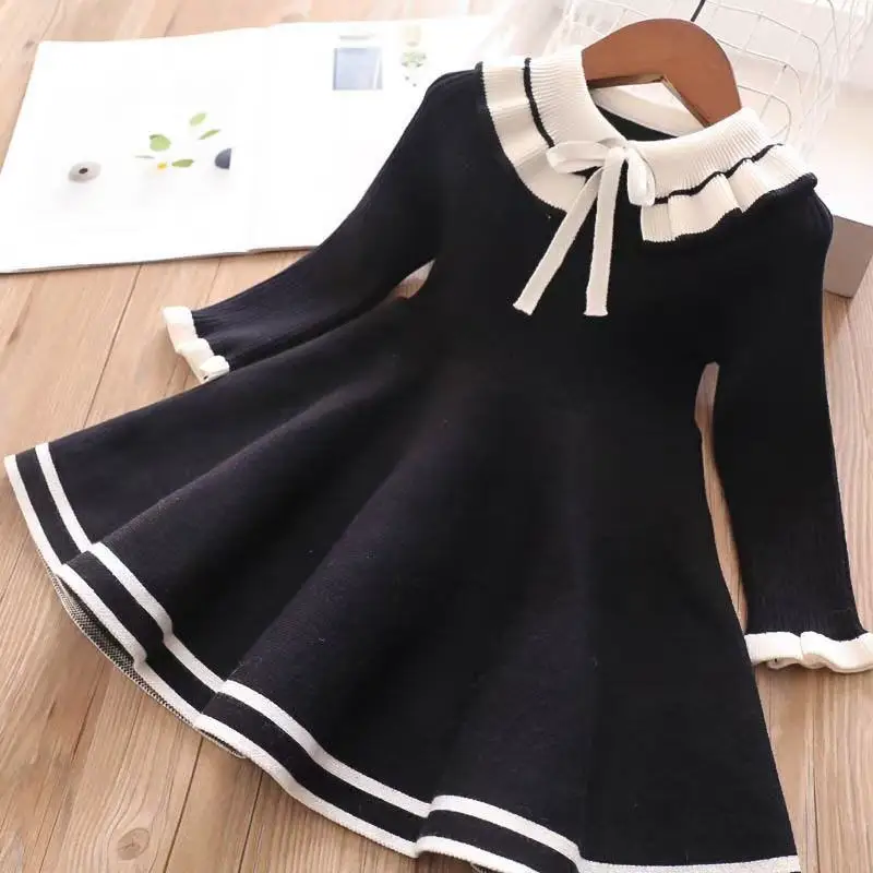 Robe à manches longues pour enfants style rétro collégial tissu tricoté coton acrylique silhouette Aline col m