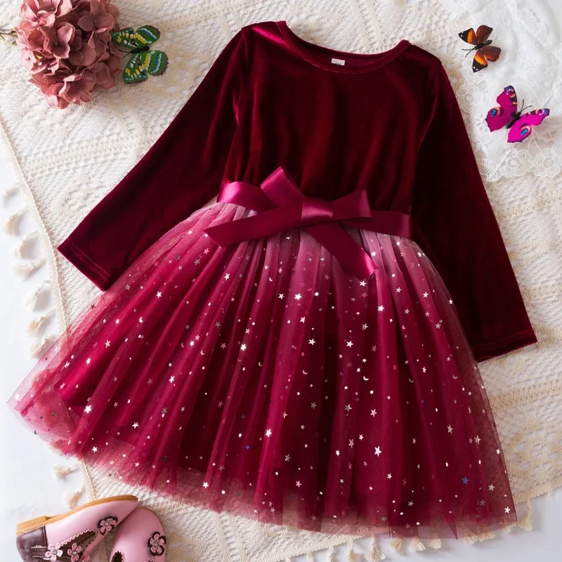 Robe princesse fête filles automnehiver Noël velours tulle étoiles ceinture satin longues manches qualité prem