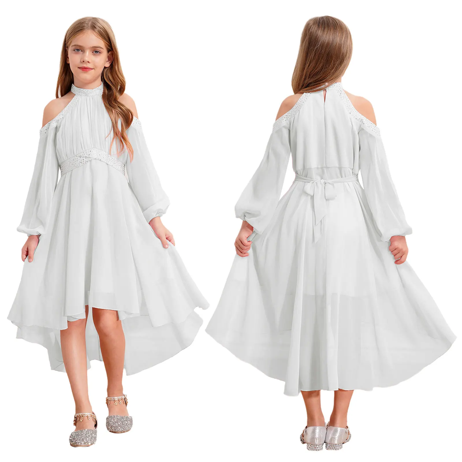 Robe de soirée enfant fille épaules dénudées mariage anniversaire manches longues volants strass ivoire sécuri