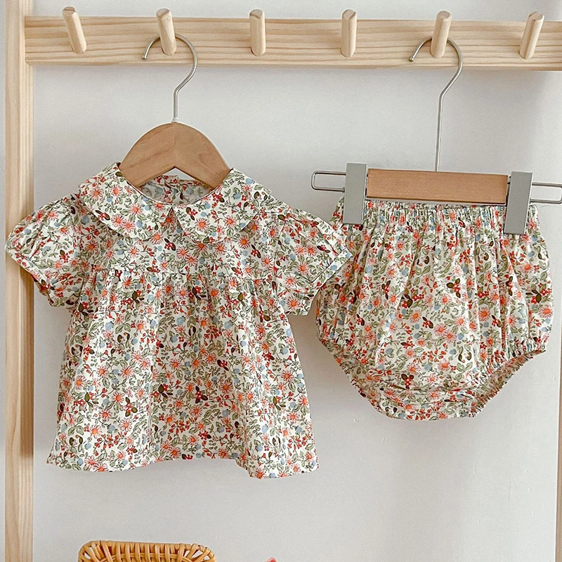 Ensemble bébé fille été floral coton tunique short manches courtes col rond style rétro