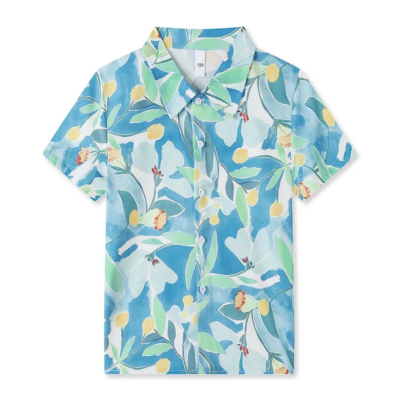 Chemise enfant été floral motif végétal bleu manches courtes respirante tissu doux qualité premium summer casu