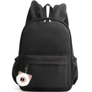 Sac à dos enfant style minimaliste couleur noire peluche cochon oreilles lapin matière nylon polyester écolier usage quotidien sac à dos sécurisé confortable