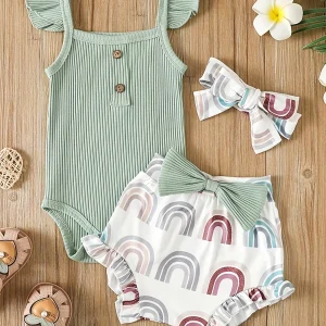 Ensemble vêtements d&rsquo;été pour bébé fille maillot une pièce short imprimé sandales 3 pièces style moderne et ludique
