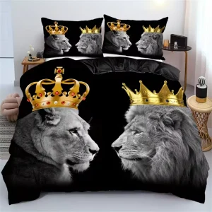 Ensemble de literie 3D lions couronnés housse de couette et taies d&rsquo;oreiller design royal polyester doux pour chambre ado ou adulte 2 pièces