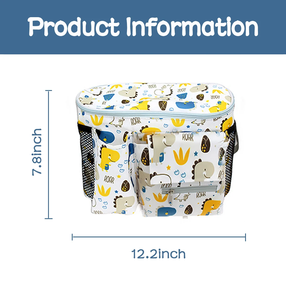 Sac de poussette grande capacité imperméable avec poches multiples et design animaux fixations pratiques pour rangements bébé