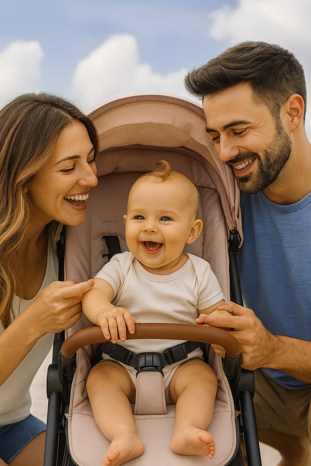 Jeune couple souriant avec leur bébé installé dans une poussette beige en extérieur