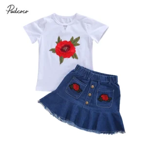 Pudcoco Ensemble bébé fille été 2020 tshirt coton manches courtes jupe denim brodée roses style floral Mode Pudcoco Ensemble bébé fille été 2020 tshirt coton manches courtes jupe denim brodée roses style floral Mode
