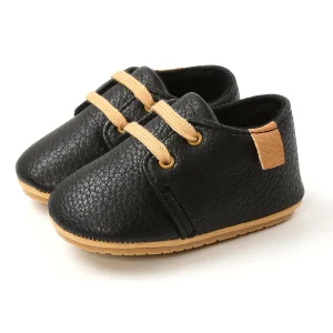 Chaussures bébé cuir PU antiglissante nouveauné garçon premiers pas caoutchouc noires style rétro 318 mois sécurité confort