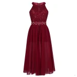Robe de soirée en dentelle pour enfants sans manches motif floral strass tenue de danse body pour spectacle sur scène spectacle  Burgundy