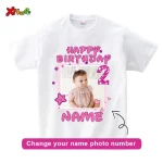 Tshirt personnalisé anniversaire famille bébé fille photo Xibao coton doux tissu tricoté manches courtes design coloré fete souvenir