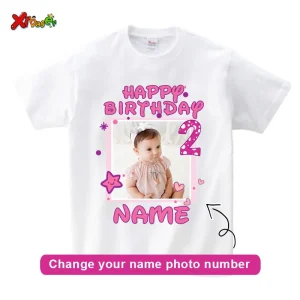 Tshirt personnalisé anniversaire famille bébé fille photo Xibao coton doux tissu tricoté manches courtes design coloré fete souvenir