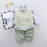 Ensemble 3 pièces garçon pull chemise pantalon coton mode printempsautomne doux confortable tenue élégante jeune enfant