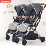 Poussette jumelle Beimengshi double siège position assise et couchée pliable et portable tissu gris design moderne sécurité enfant 03 ans