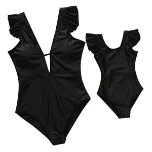 Maillot de bain maman et fille en tissu synthétique swimsuit une pièce black volants épaules style européen usage plage piscine été