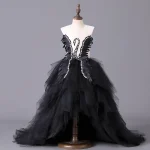 Robe de soirée noire pour filles longue robe élégante avec motifs cygnes et plumes occasion formelle mariage gala soirée vêtement enfant