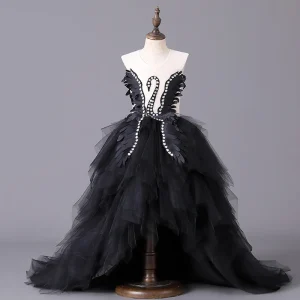 Robe de soirée noire pour filles longue robe élégante avec motifs cygnes et plumes occasion formelle mariage gala soirée vêtement enfant Robe de soirée noire pour filles longue robe élégante avec motifs cygnes et plumes occasion formelle mariage gala soirée vêtement enfant