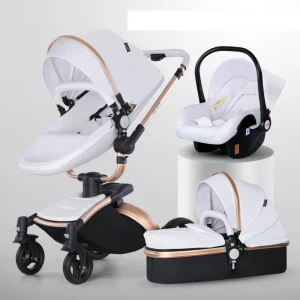 Poussette ANTAI 3 en 1 luxe siègeauto landau assise toddler tissu blanc cadre doré roues pivotantes poignée ajustable design moderne minimaliste